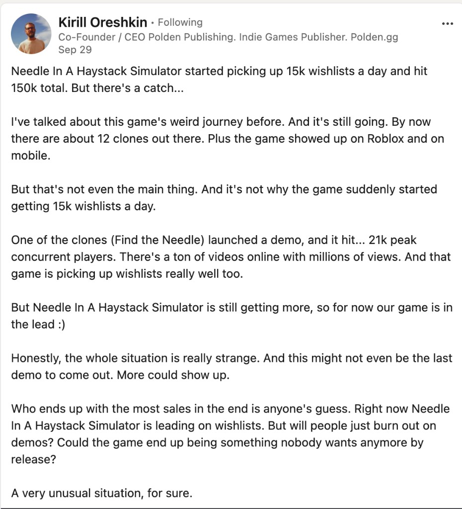 LinkedIn post about Needle in a Haystack clones